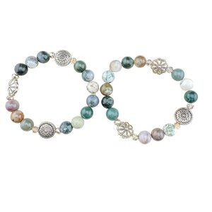 Green Agate Beaded Bracelets With Silver Tone Accents Set Of 2 Elastic Stretch D